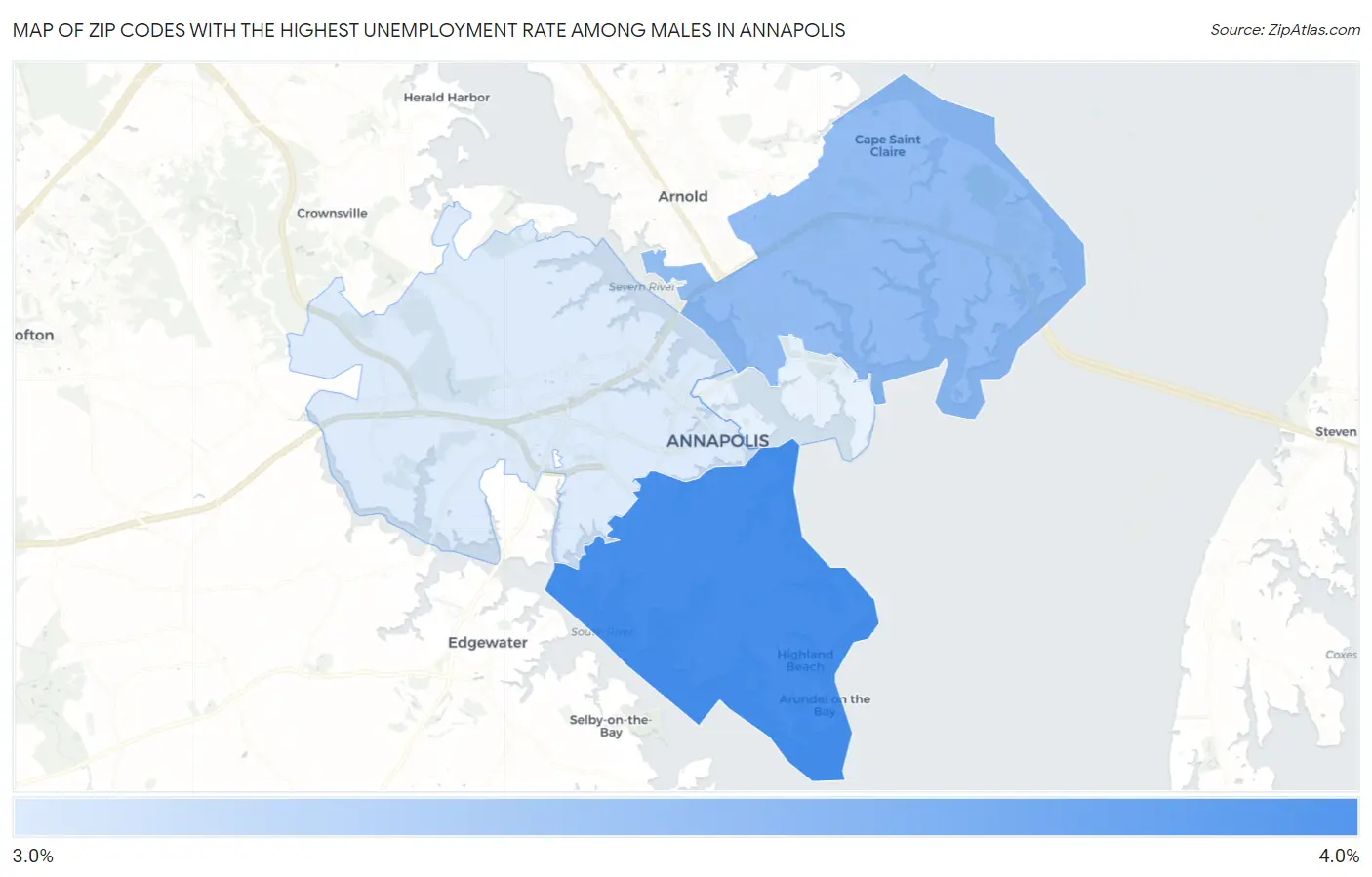 Zip Codes with the Highest Unemployment Rate Among Males in Annapolis Map