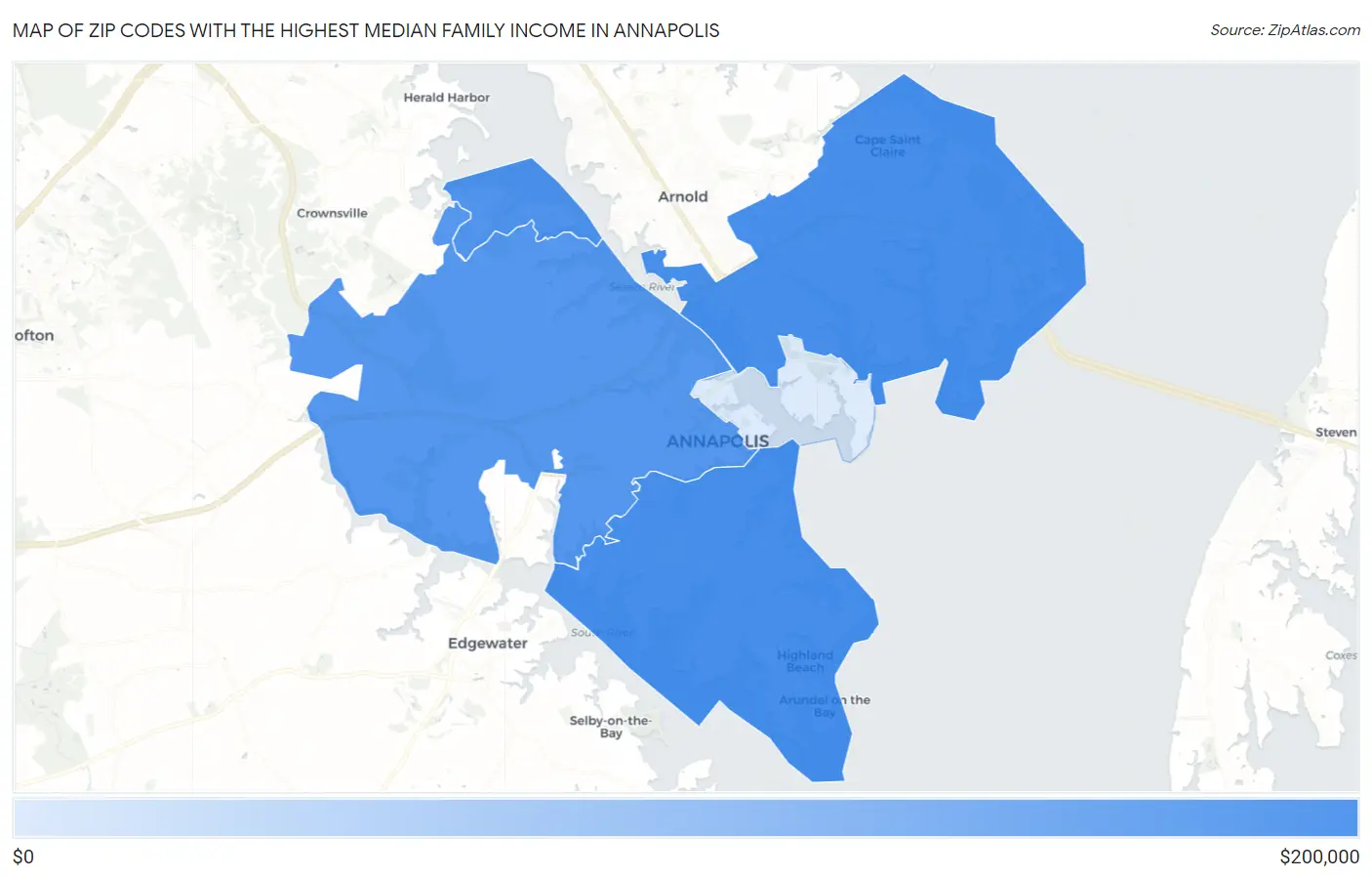 Zip Codes with the Highest Median Family Income in Annapolis Map