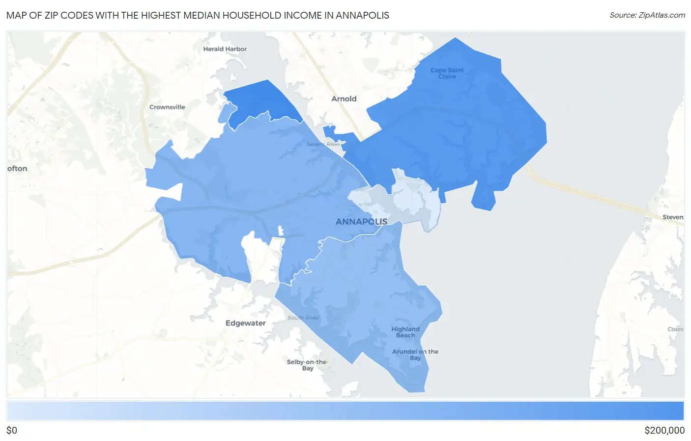 Zip Codes with the Highest Median Household Income in Annapolis Map