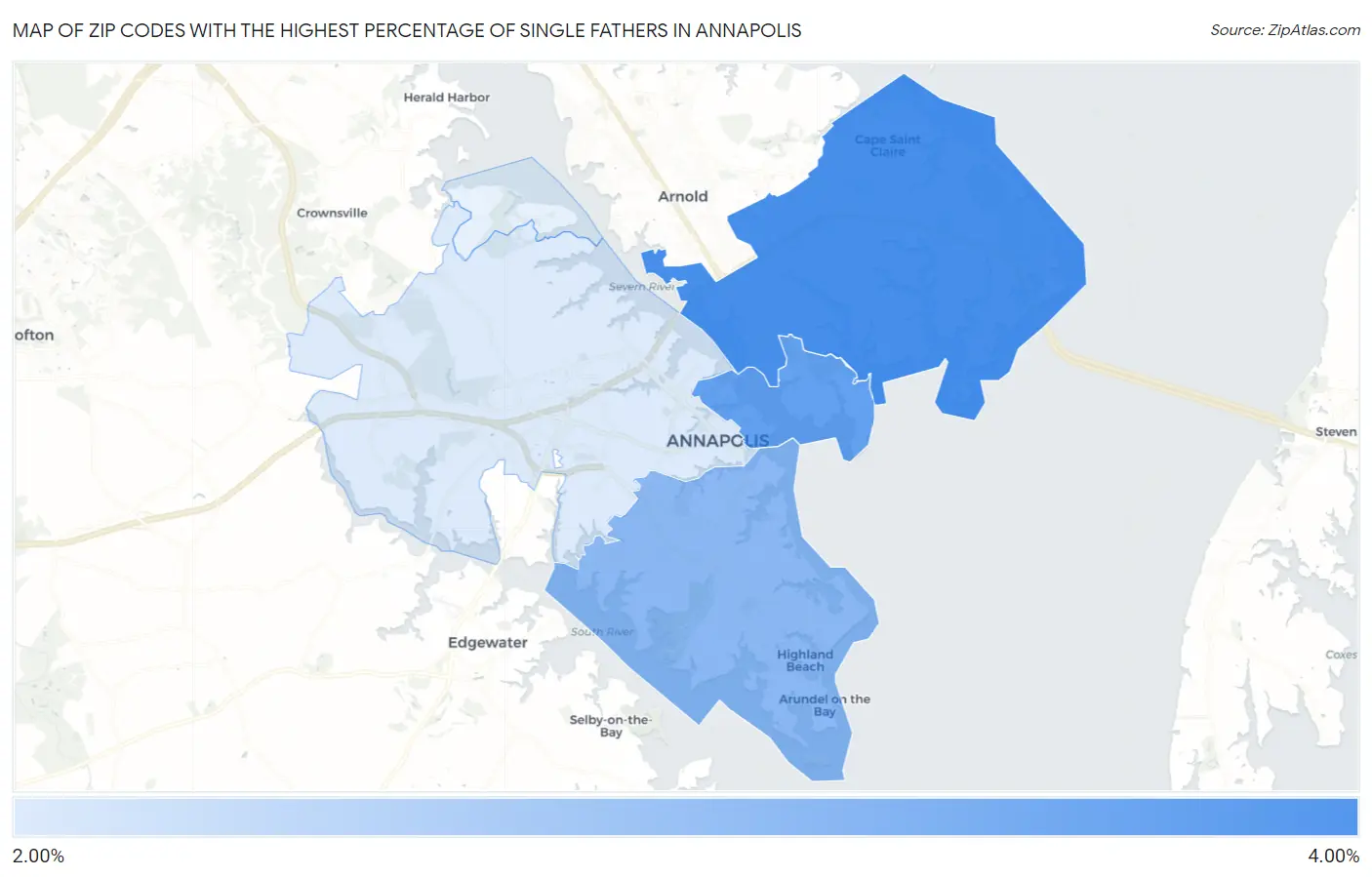 Zip Codes with the Highest Percentage of Single Fathers in Annapolis Map
