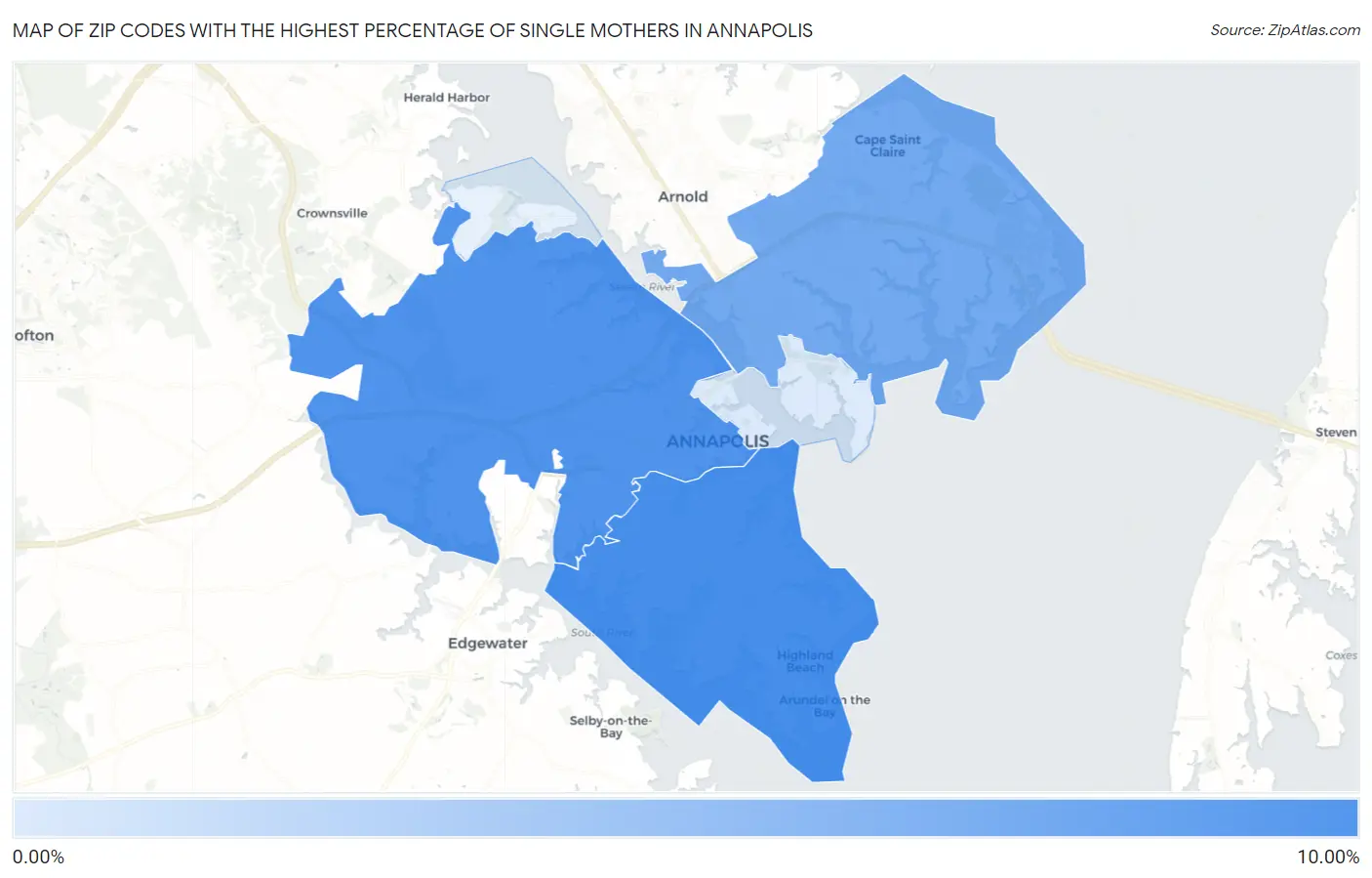 Zip Codes with the Highest Percentage of Single Mothers in Annapolis Map