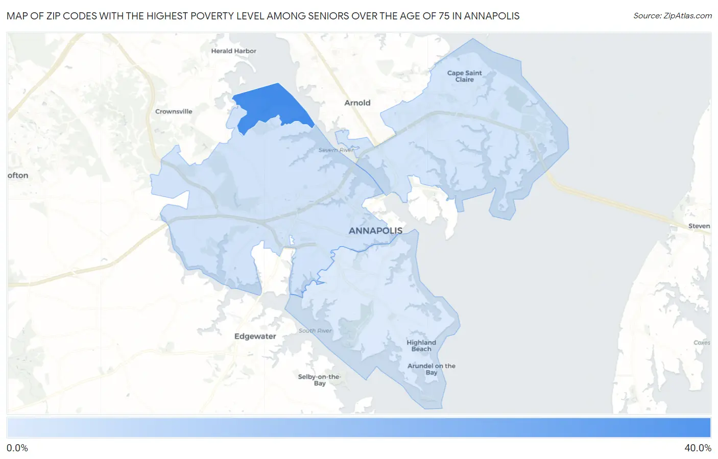 Zip Codes with the Highest Poverty Level Among Seniors Over the Age of 75 in Annapolis Map
