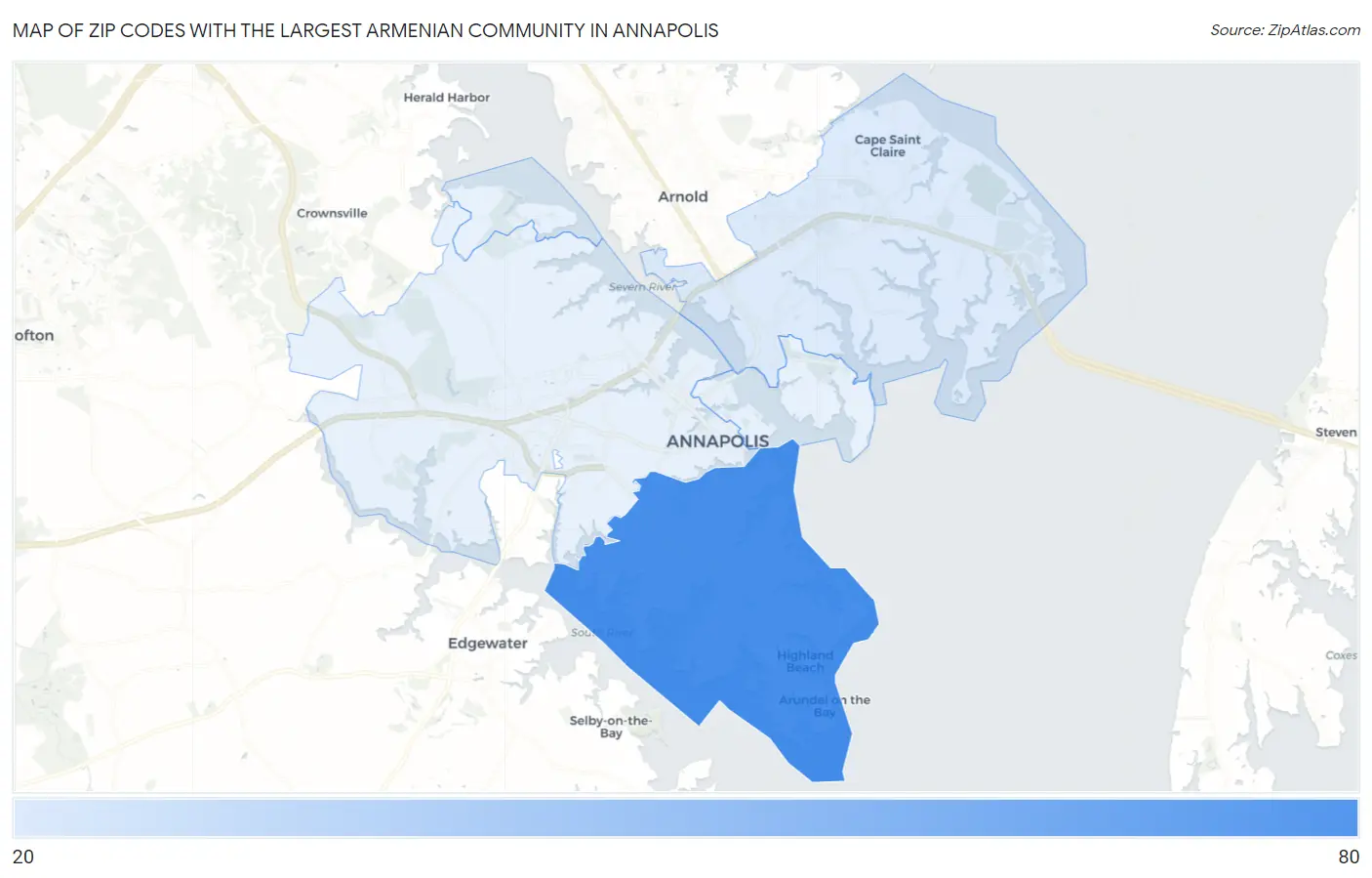 Zip Codes with the Largest Armenian Community in Annapolis Map