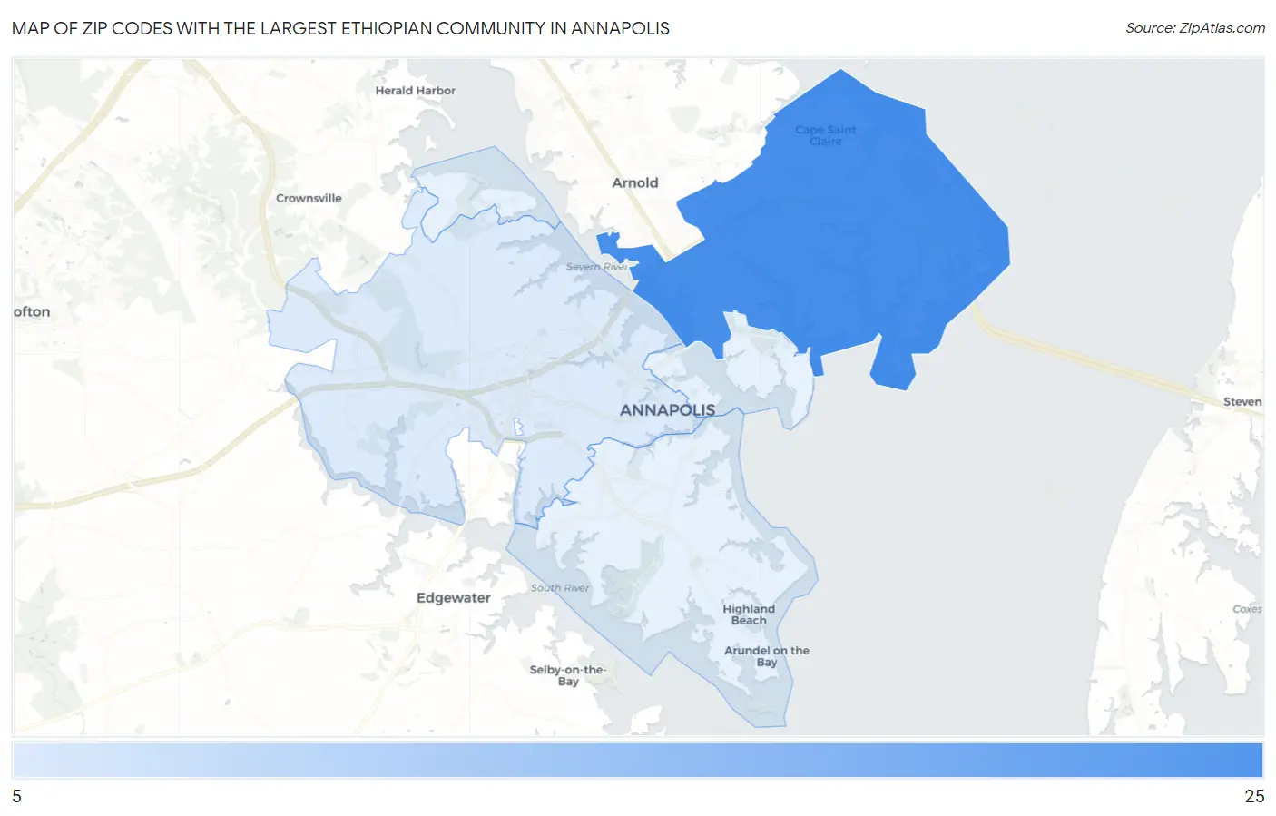 Zip Codes with the Largest Ethiopian Community in Annapolis Map