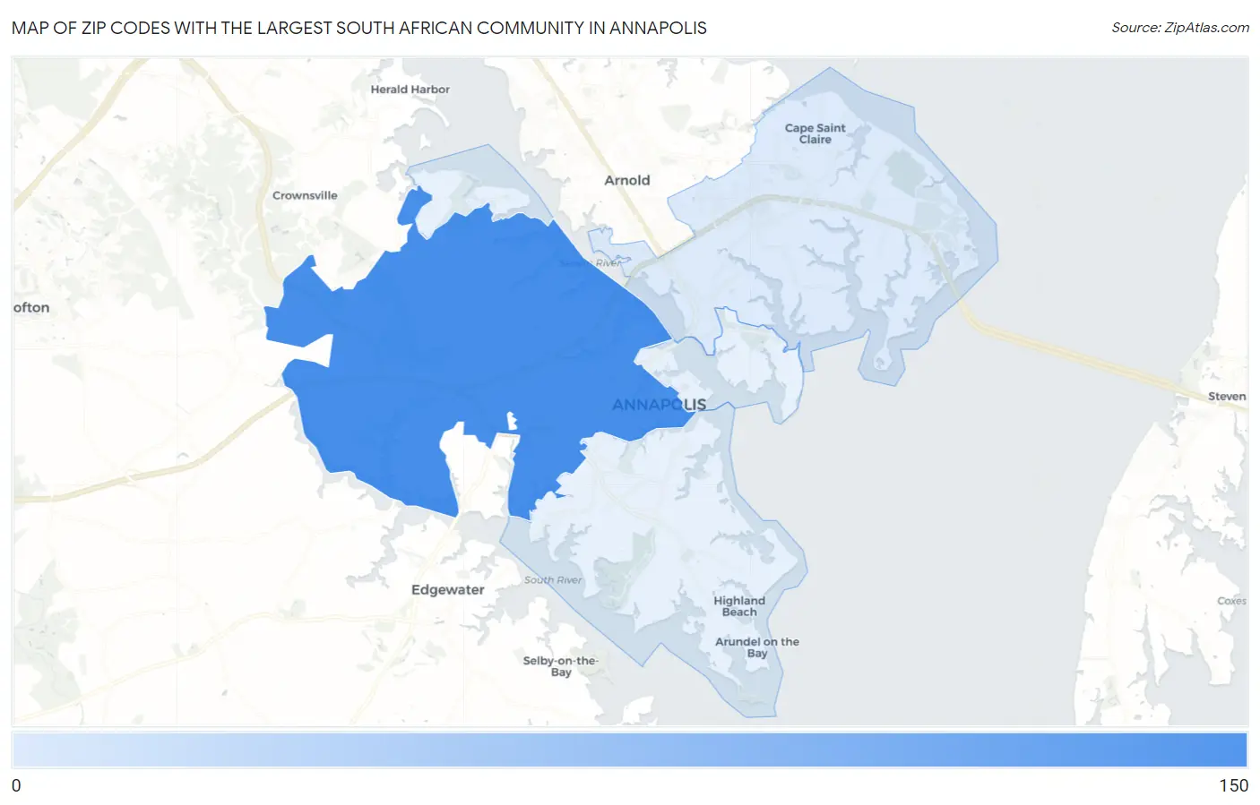Zip Codes with the Largest South African Community in Annapolis Map