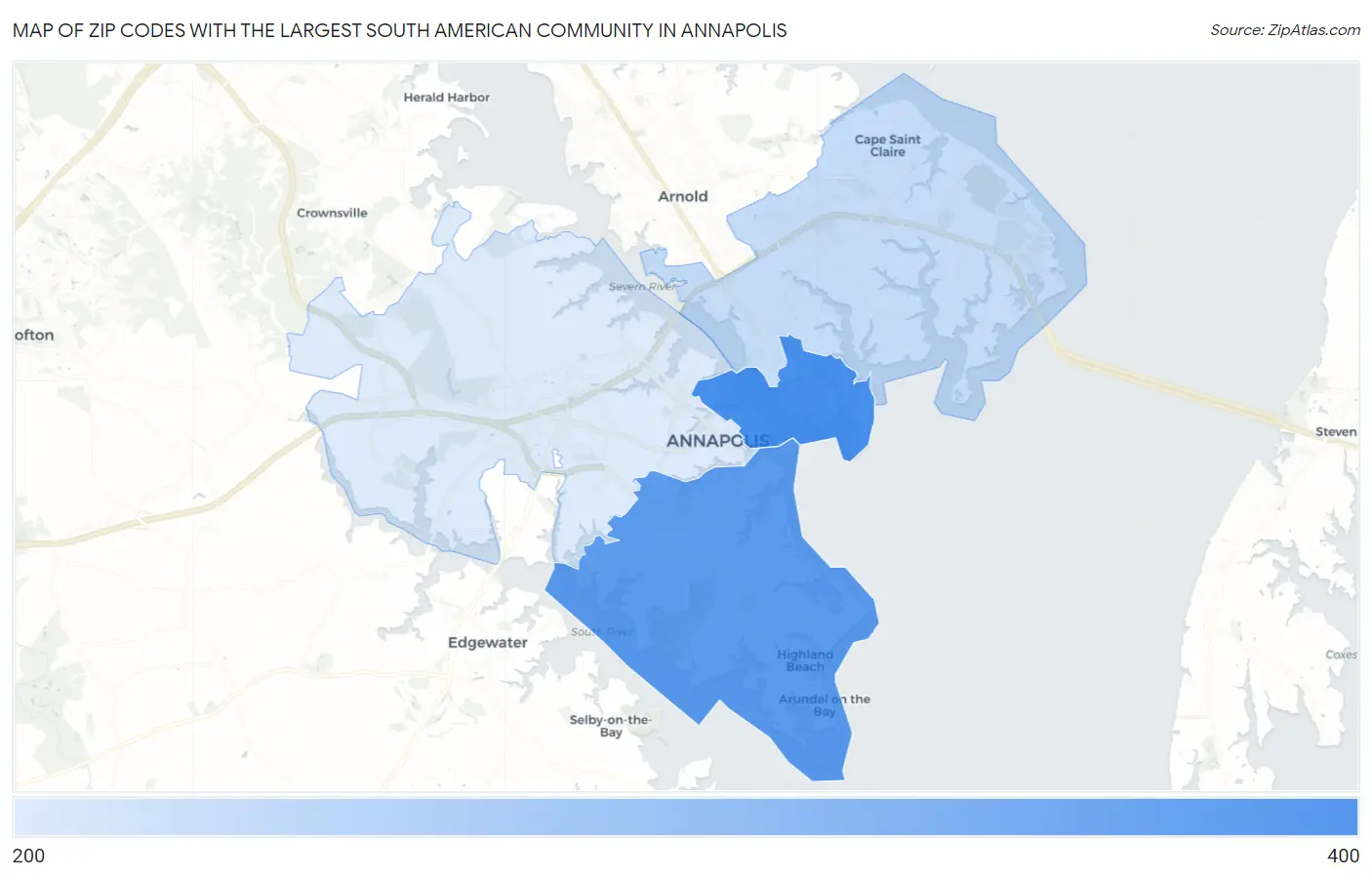 Zip Codes with the Largest South American Community in Annapolis Map