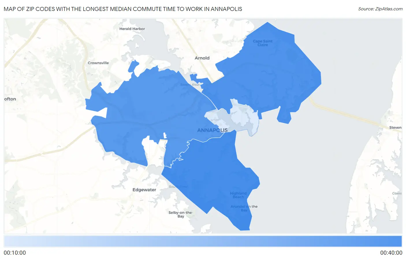 Zip Codes with the Longest Median Commute Time to Work in Annapolis Map