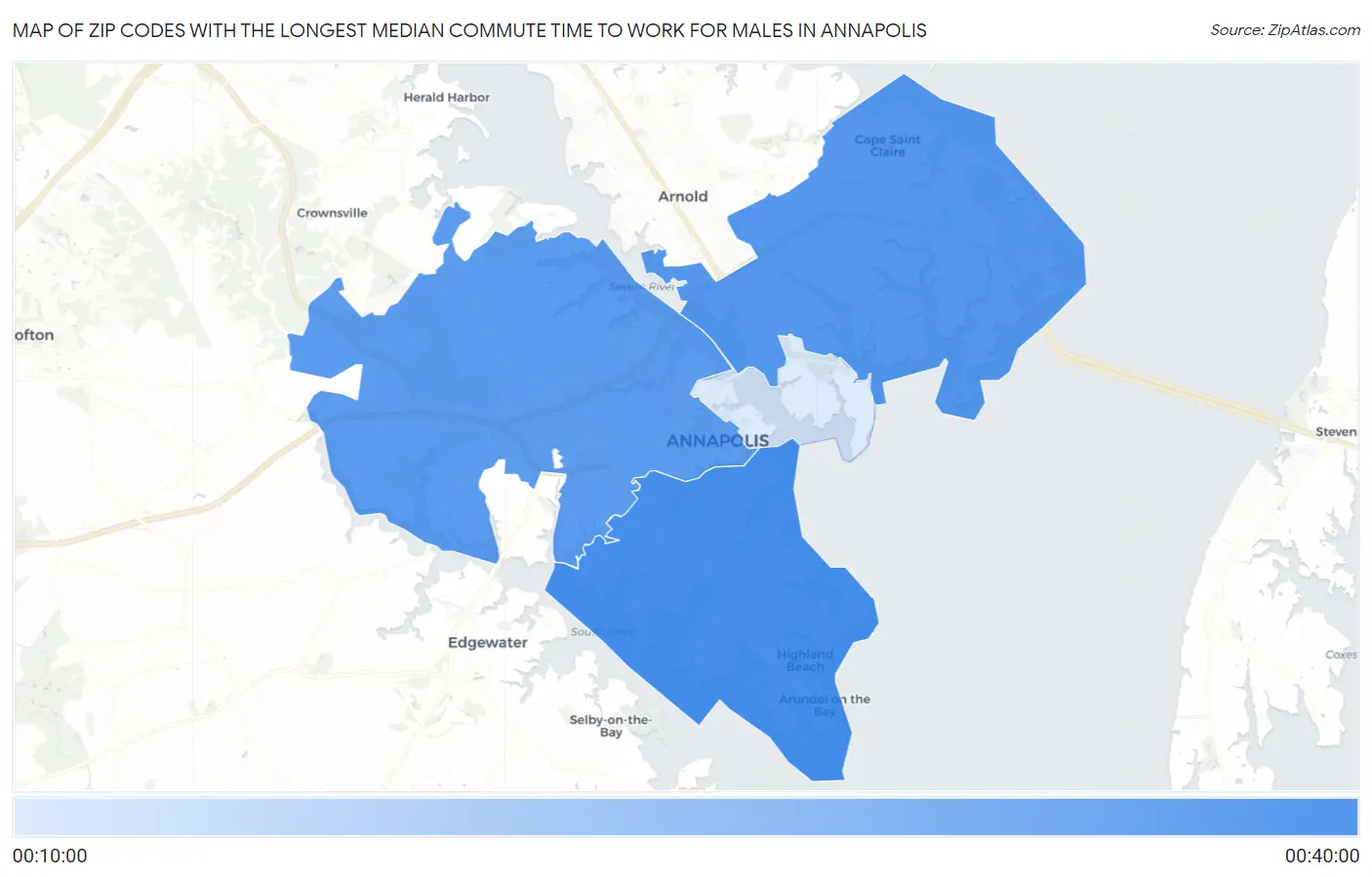 Zip Codes with the Longest Median Commute Time to Work for Males in Annapolis Map