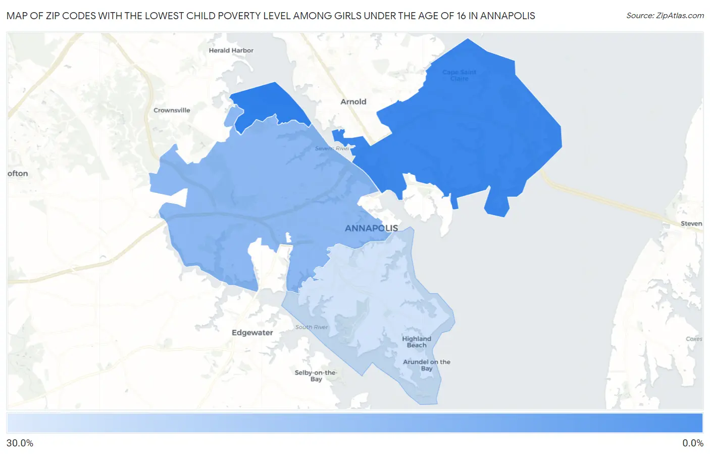 Zip Codes with the Lowest Child Poverty Level Among Girls Under the Age of 16 in Annapolis Map