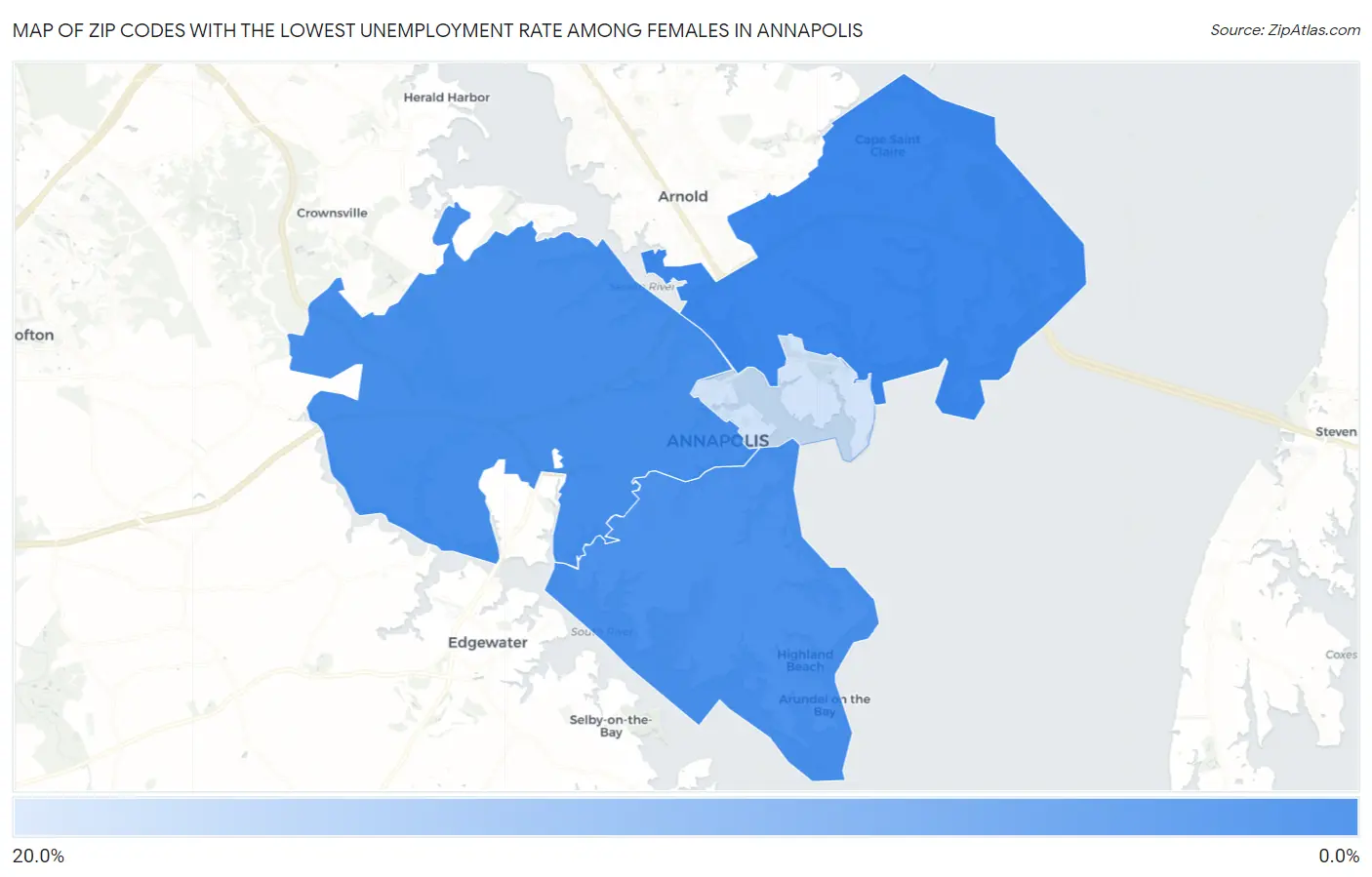 Zip Codes with the Lowest Unemployment Rate Among Females in Annapolis Map