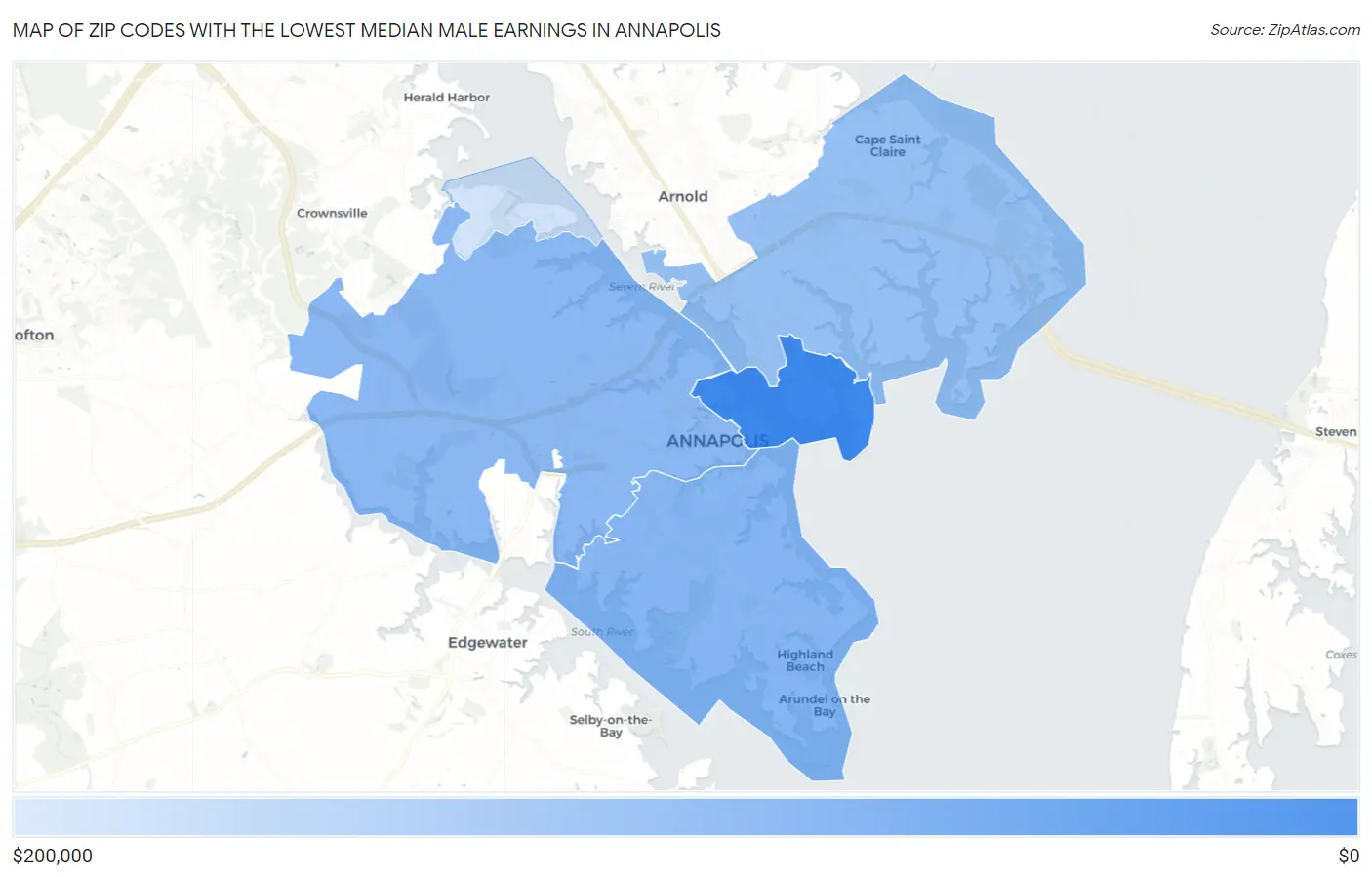 Zip Codes with the Lowest Median Male Earnings in Annapolis Map