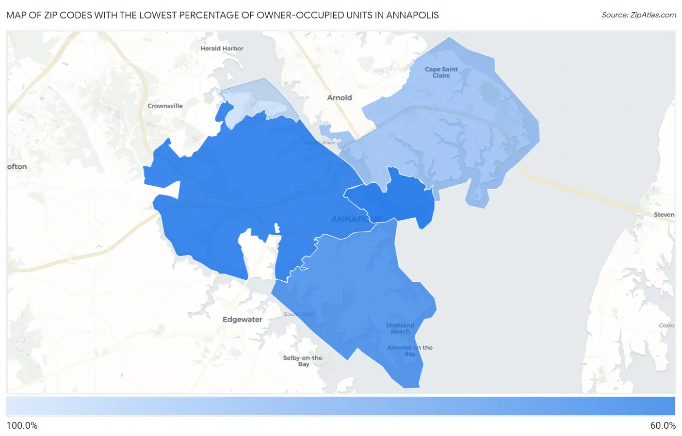 Zip Codes with the Lowest Percentage of Owner-Occupied Units in Annapolis Map