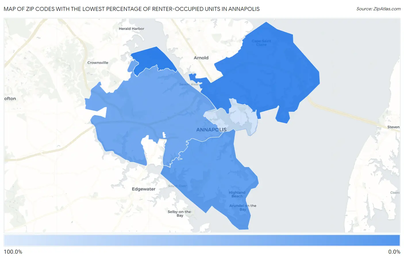 Zip Codes with the Lowest Percentage of Renter-Occupied Units in Annapolis Map