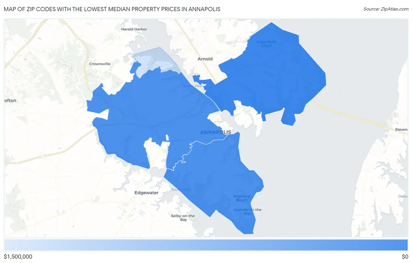 Zip Codes with the Lowest Median Property Prices in Annapolis Map