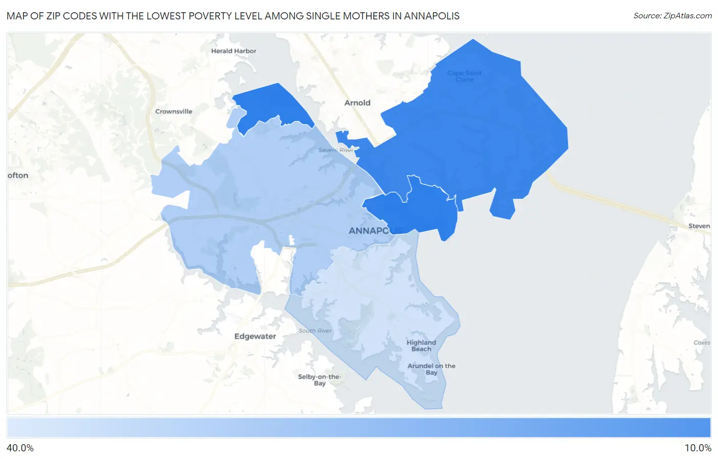 Zip Codes with the Lowest Poverty Level Among Single Mothers in Annapolis Map