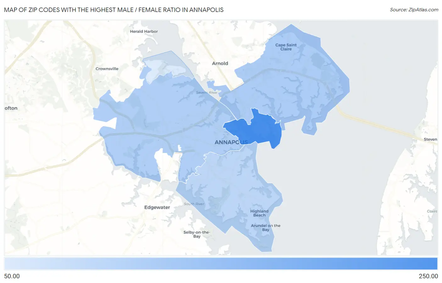Zip Codes with the Highest Male / Female Ratio in Annapolis Map