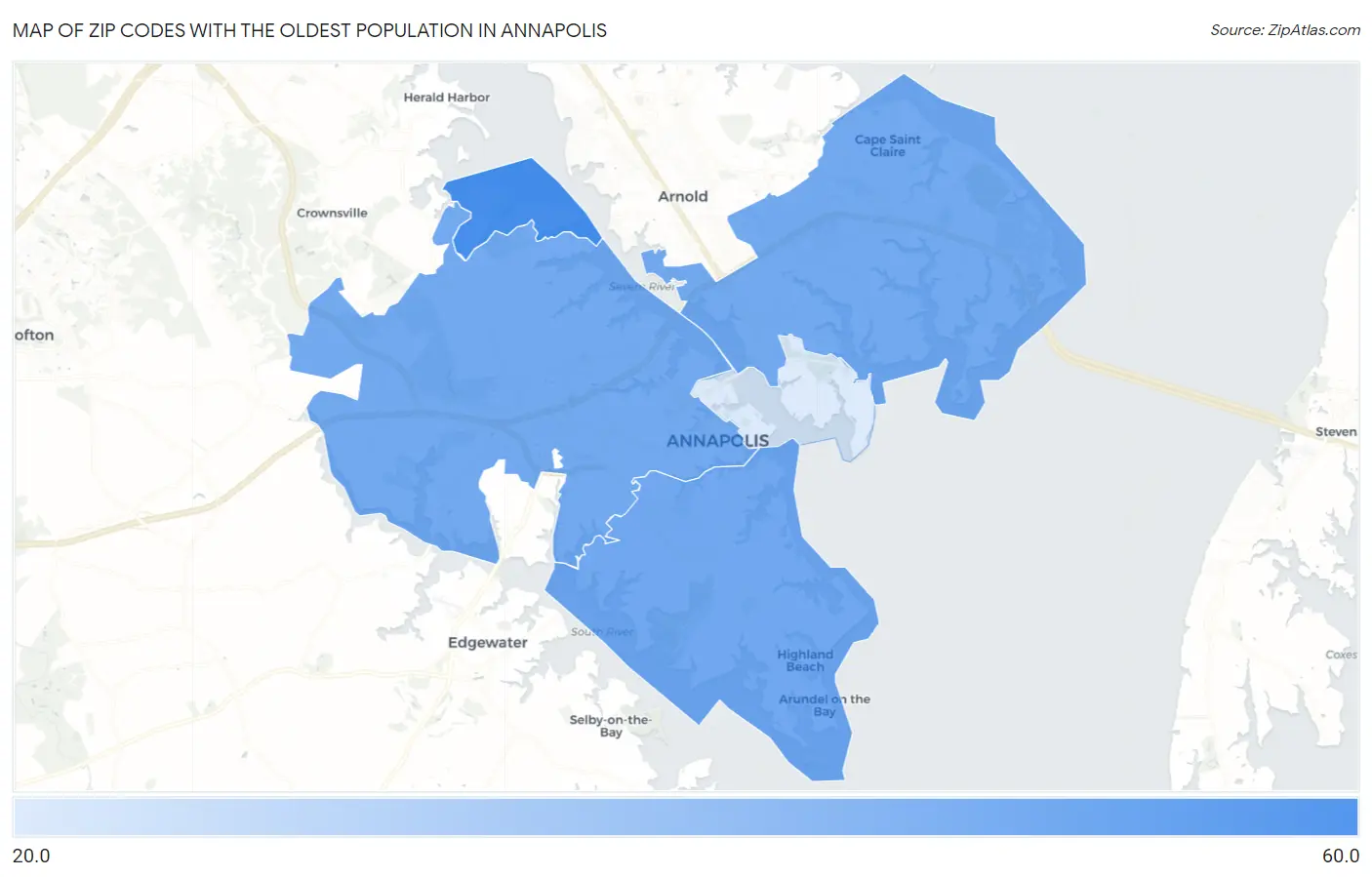 Zip Codes with the Oldest Population in Annapolis Map