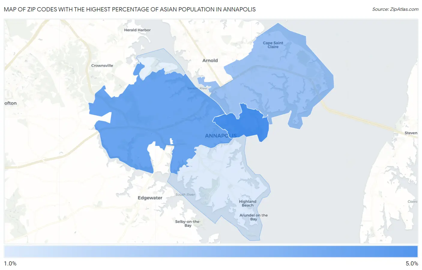 Zip Codes with the Highest Percentage of Asian Population in Annapolis Map