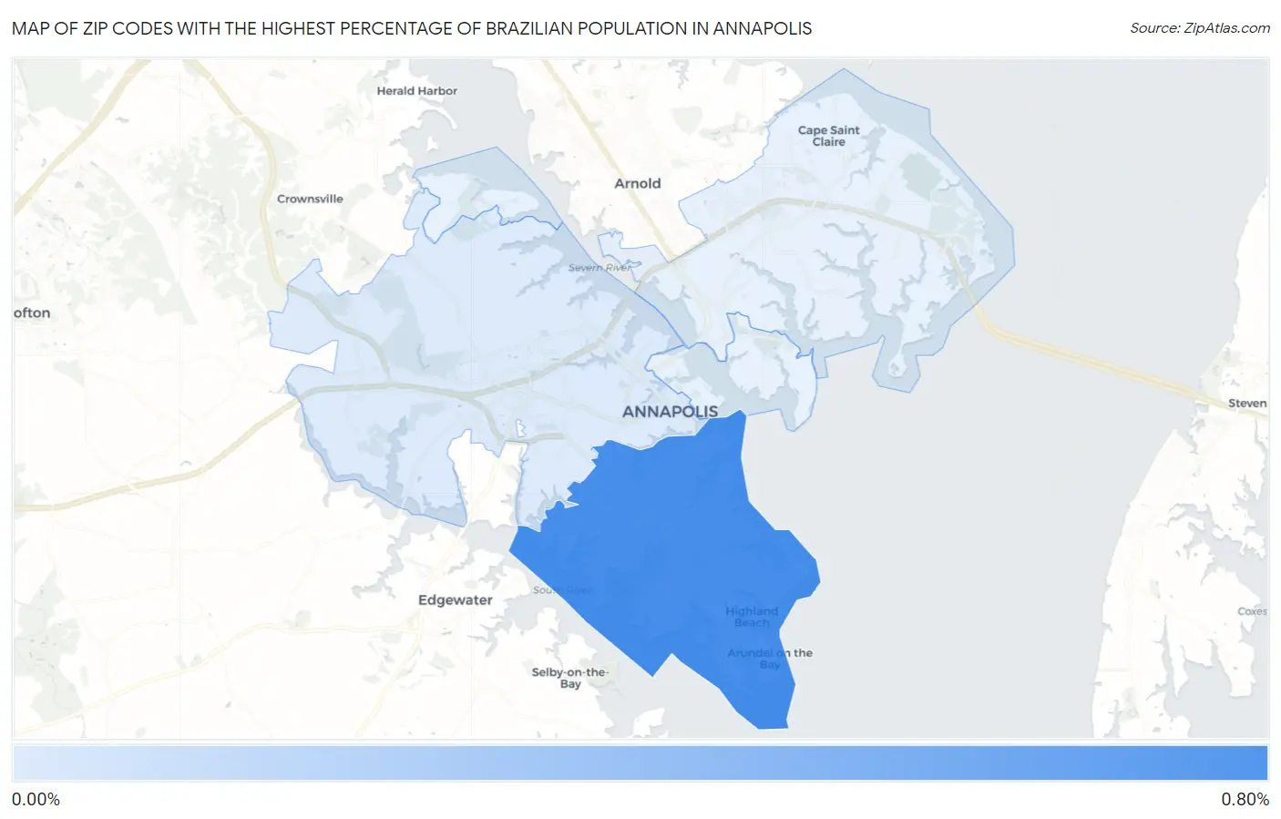 Zip Codes with the Highest Percentage of Brazilian Population in Annapolis Map