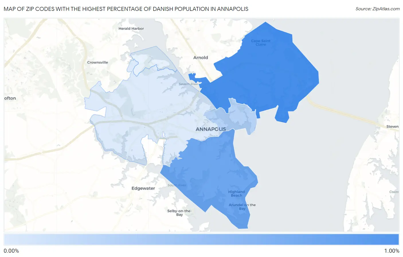 Zip Codes with the Highest Percentage of Danish Population in Annapolis Map