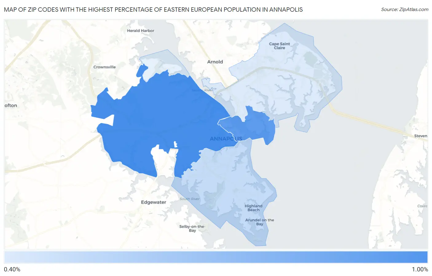 Zip Codes with the Highest Percentage of Eastern European Population in Annapolis Map