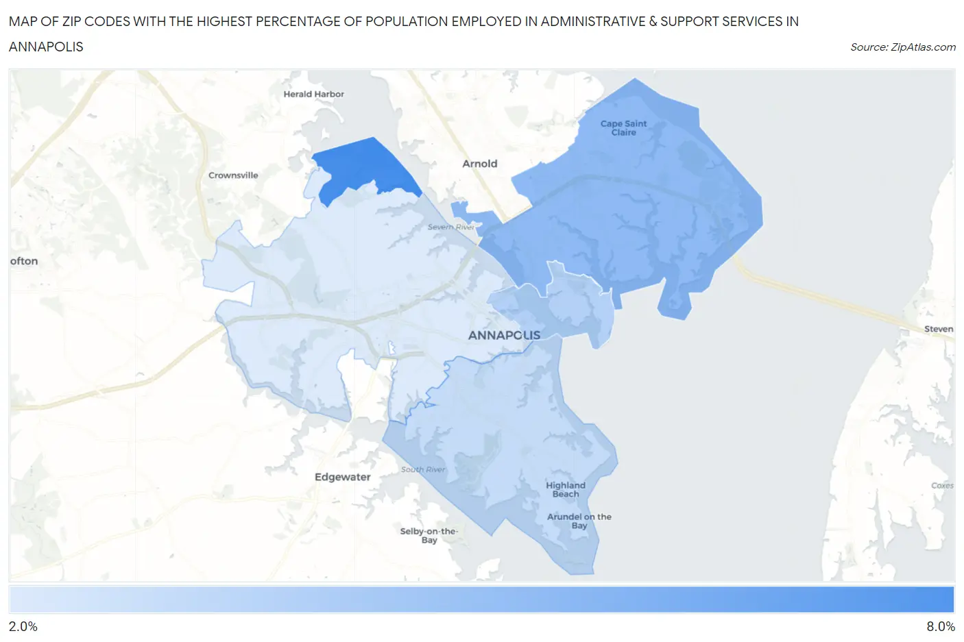 Zip Codes with the Highest Percentage of Population Employed in Administrative & Support Services in Annapolis Map