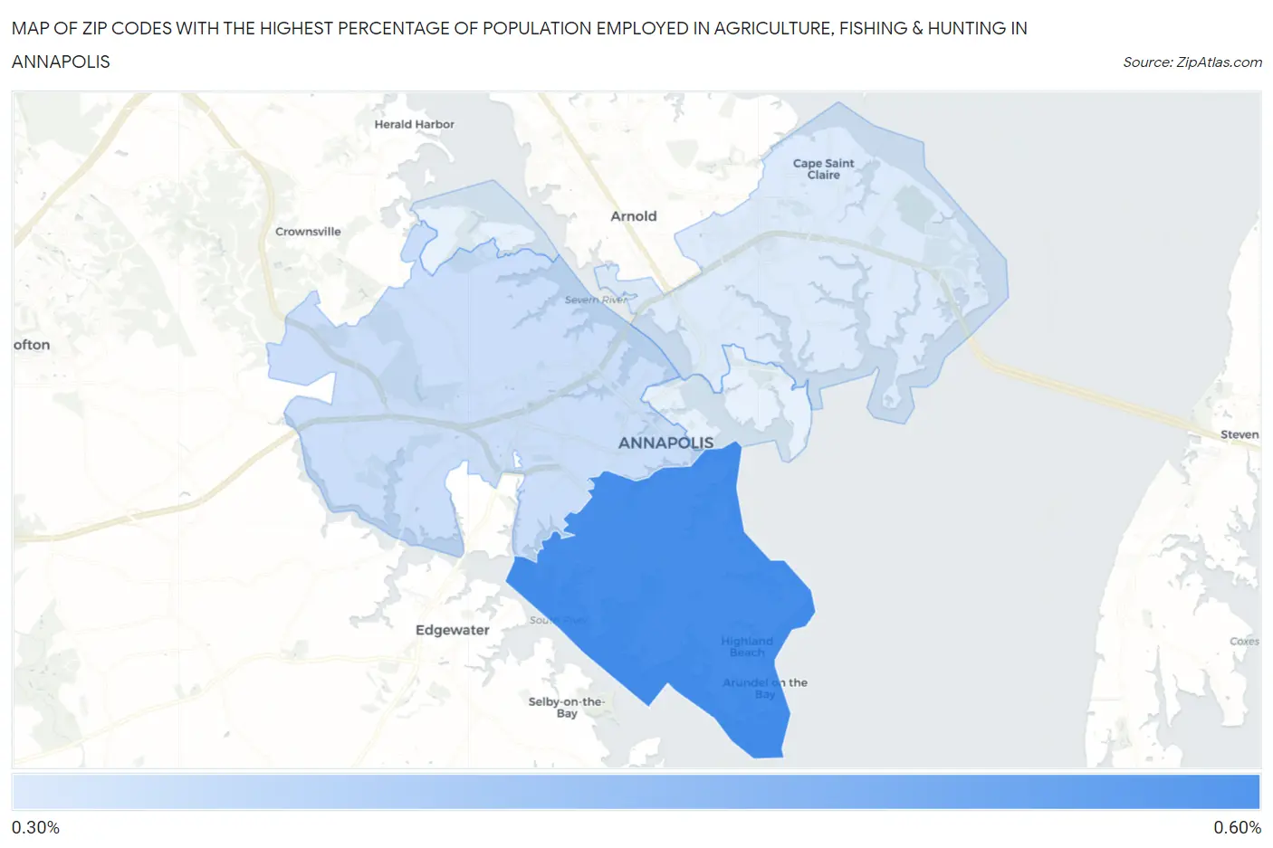 Zip Codes with the Highest Percentage of Population Employed in Agriculture, Fishing & Hunting in Annapolis Map