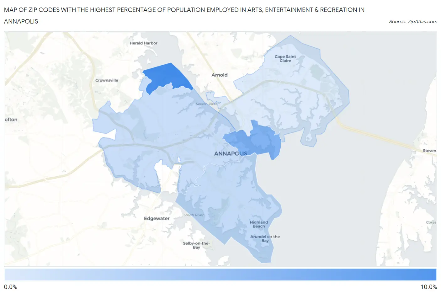 Zip Codes with the Highest Percentage of Population Employed in Arts, Entertainment & Recreation in Annapolis Map