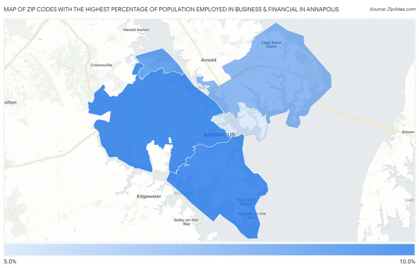 Zip Codes with the Highest Percentage of Population Employed in Business & Financial in Annapolis Map