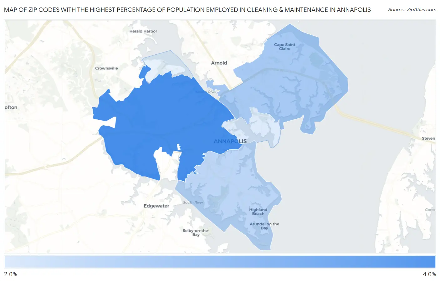 Zip Codes with the Highest Percentage of Population Employed in Cleaning & Maintenance in Annapolis Map