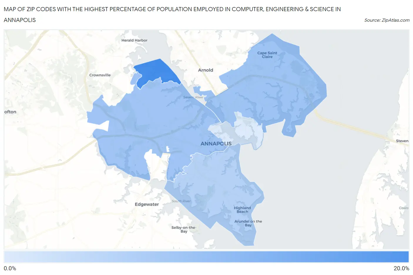 Zip Codes with the Highest Percentage of Population Employed in Computer, Engineering & Science in Annapolis Map