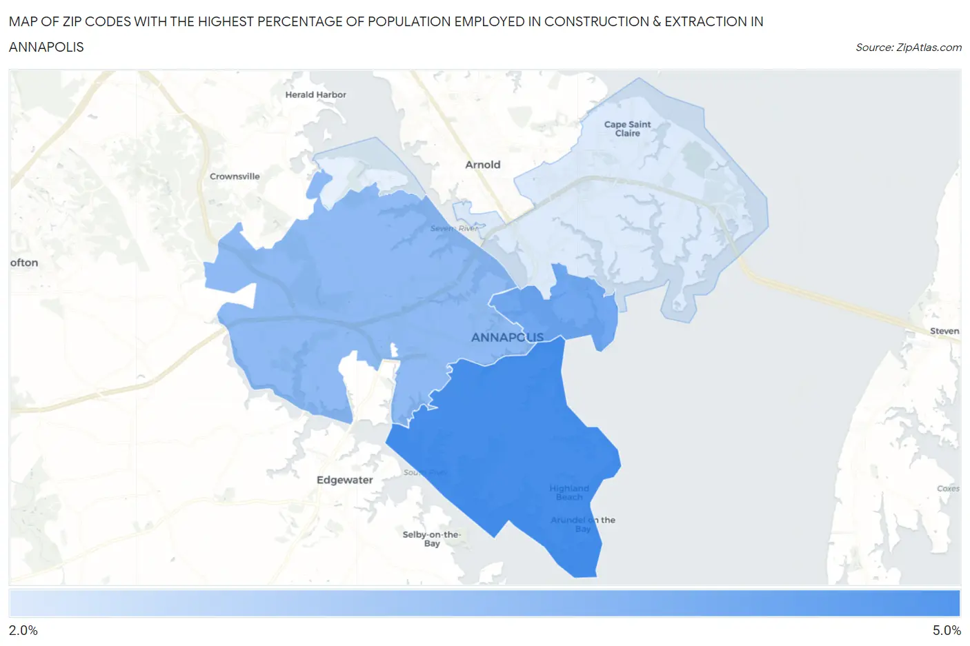 Zip Codes with the Highest Percentage of Population Employed in Construction & Extraction in Annapolis Map