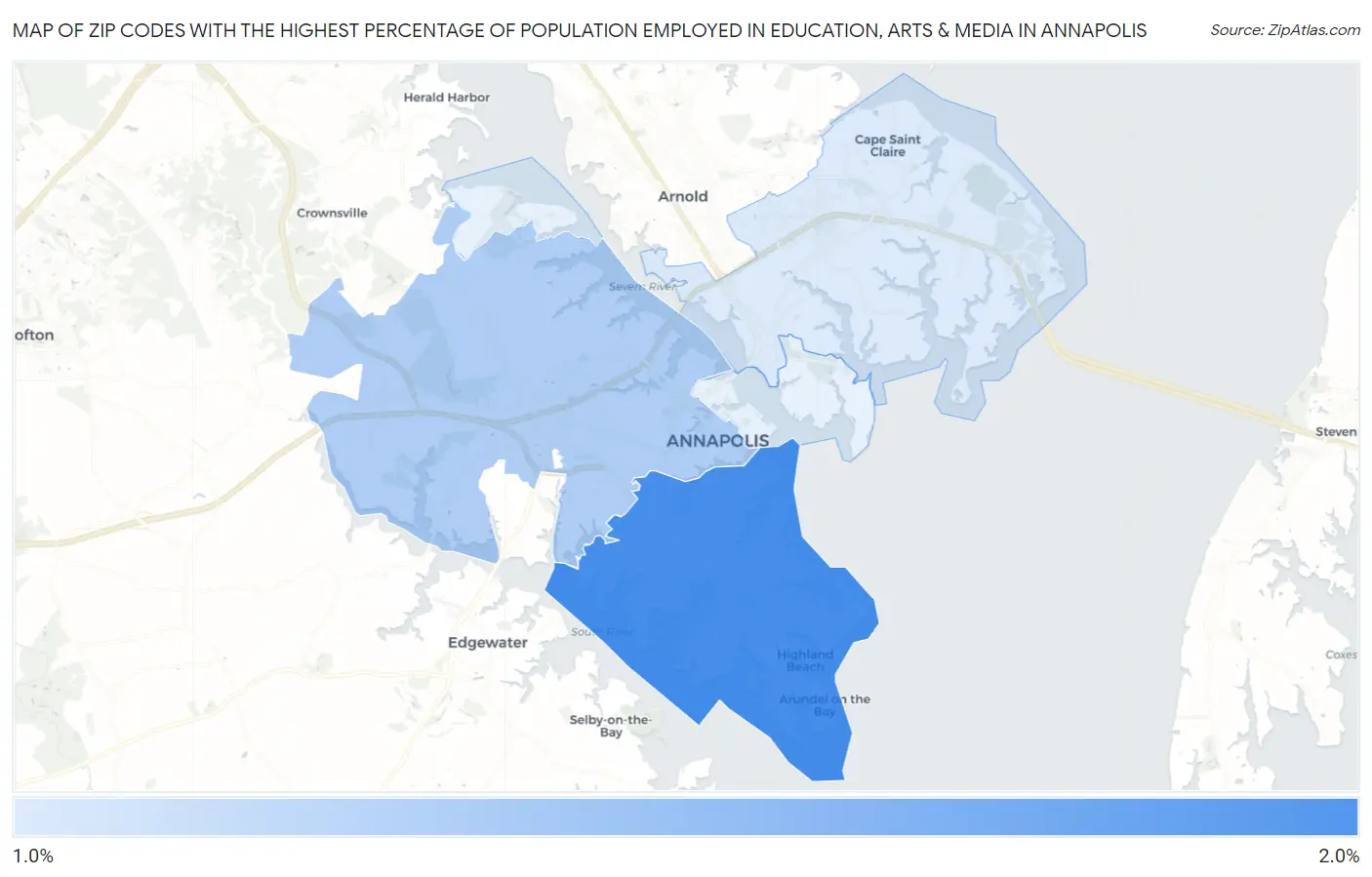 Zip Codes with the Highest Percentage of Population Employed in Education, Arts & Media in Annapolis Map