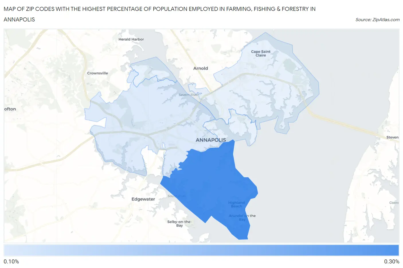 Zip Codes with the Highest Percentage of Population Employed in Farming, Fishing & Forestry in Annapolis Map