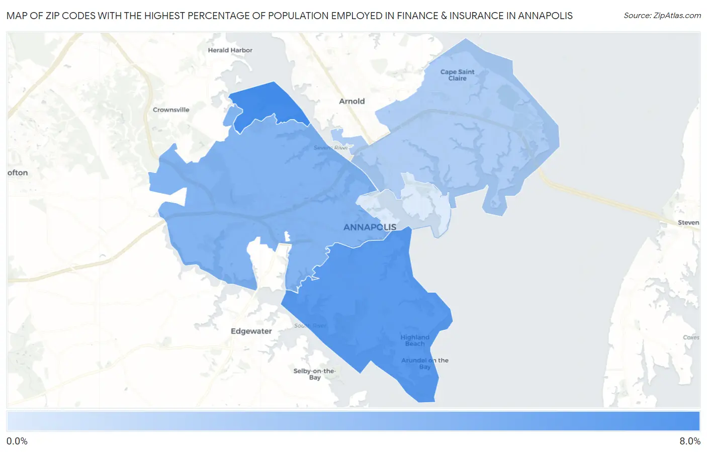 Zip Codes with the Highest Percentage of Population Employed in Finance & Insurance in Annapolis Map