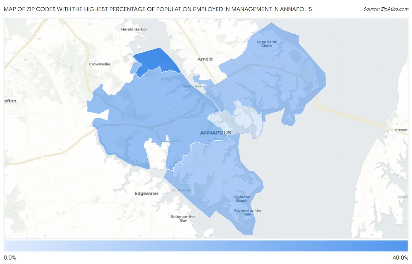 Zip Codes with the Highest Percentage of Population Employed in Management in Annapolis Map