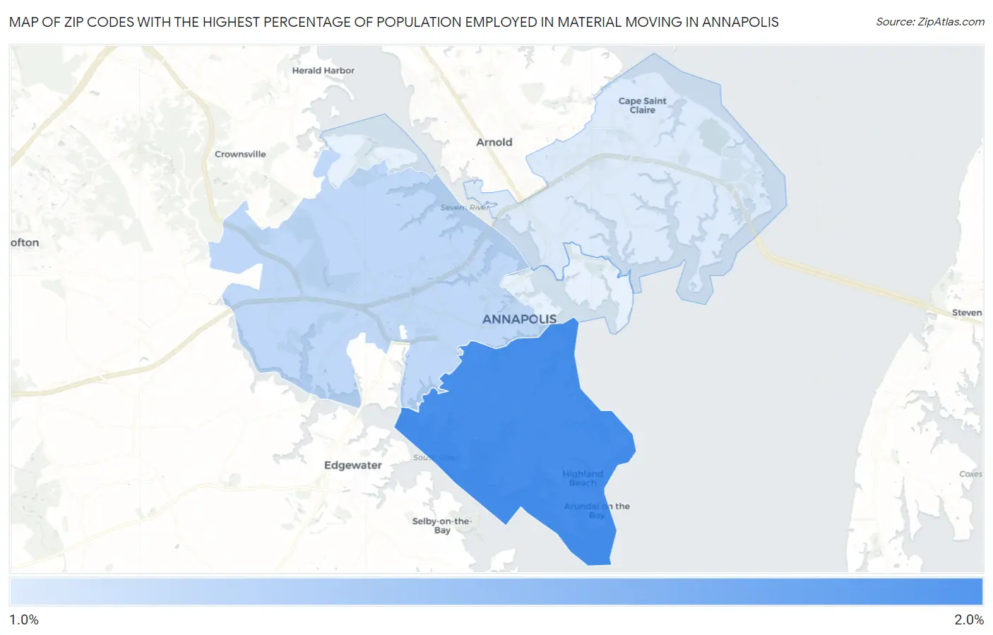 Zip Codes with the Highest Percentage of Population Employed in Material Moving in Annapolis Map