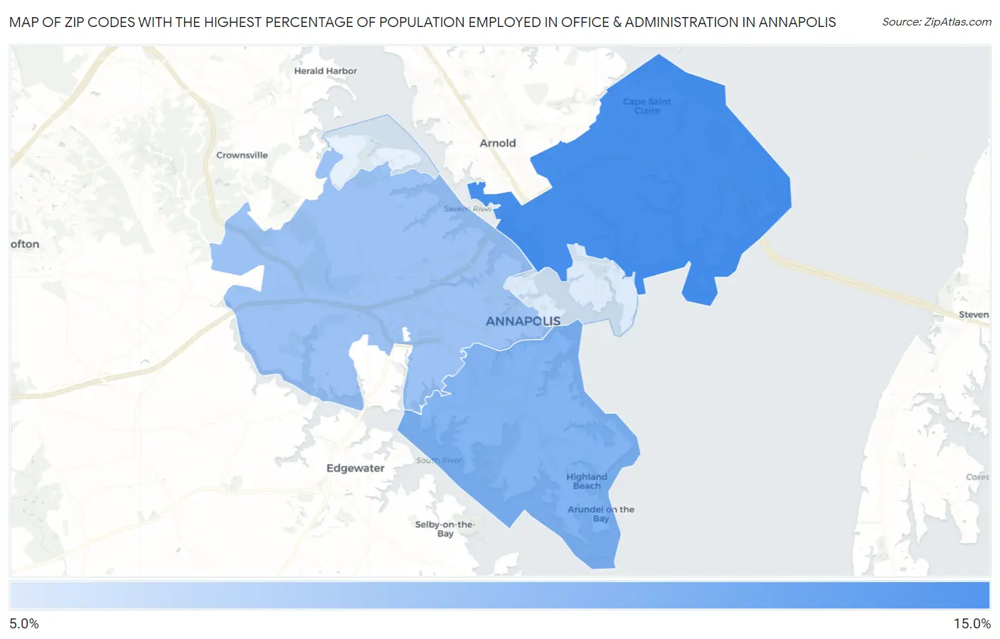 Zip Codes with the Highest Percentage of Population Employed in Office & Administration in Annapolis Map