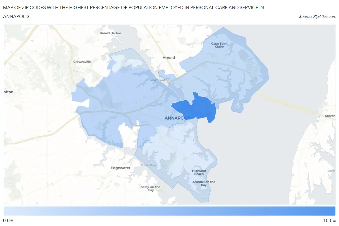 Zip Codes with the Highest Percentage of Population Employed in Personal Care and Service in Annapolis Map