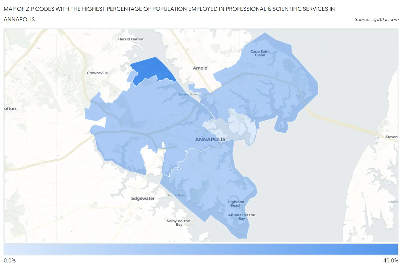 Zip Codes with the Highest Percentage of Population Employed in Professional & Scientific Services in Annapolis Map