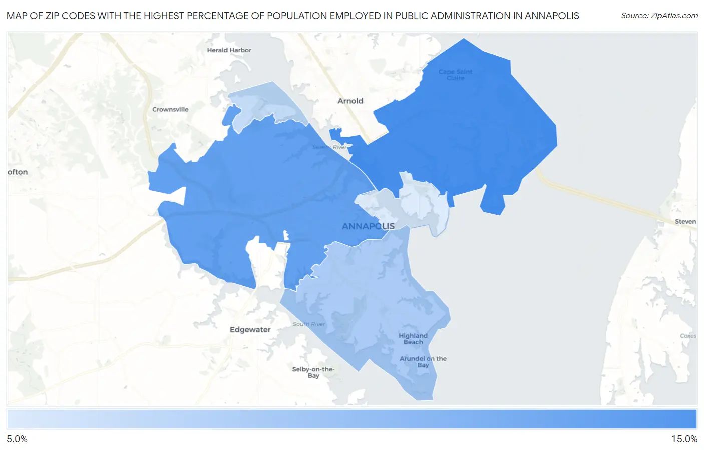 Zip Codes with the Highest Percentage of Population Employed in Public Administration in Annapolis Map