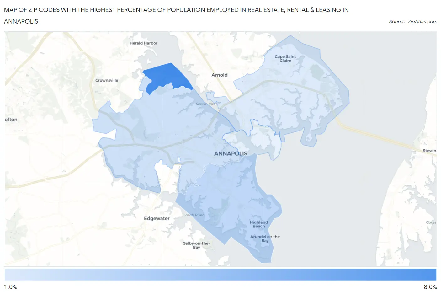 Zip Codes with the Highest Percentage of Population Employed in Real Estate, Rental & Leasing in Annapolis Map