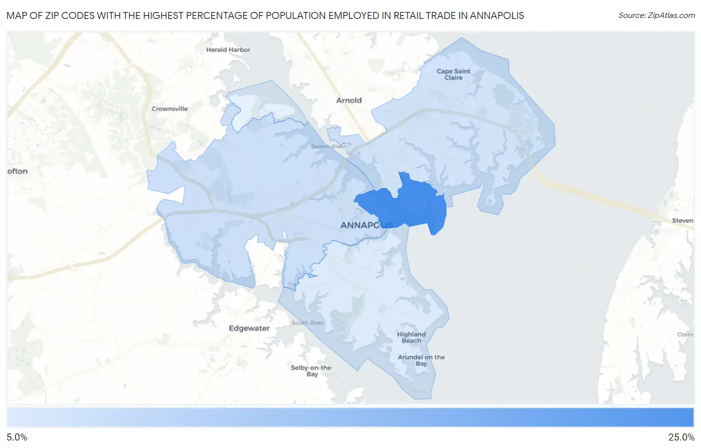 Zip Codes with the Highest Percentage of Population Employed in Retail Trade in Annapolis Map