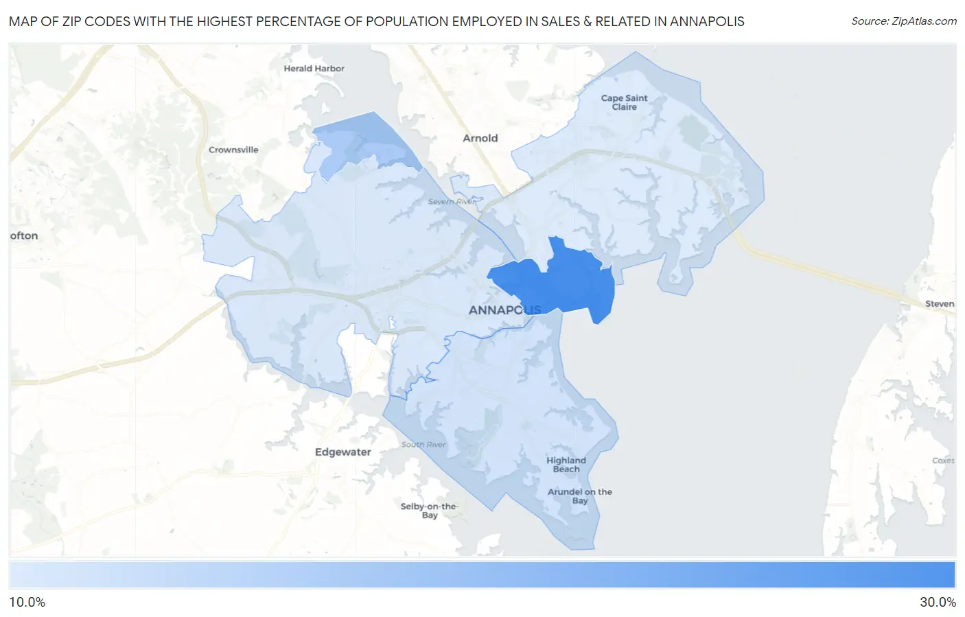 Zip Codes with the Highest Percentage of Population Employed in Sales & Related in Annapolis Map