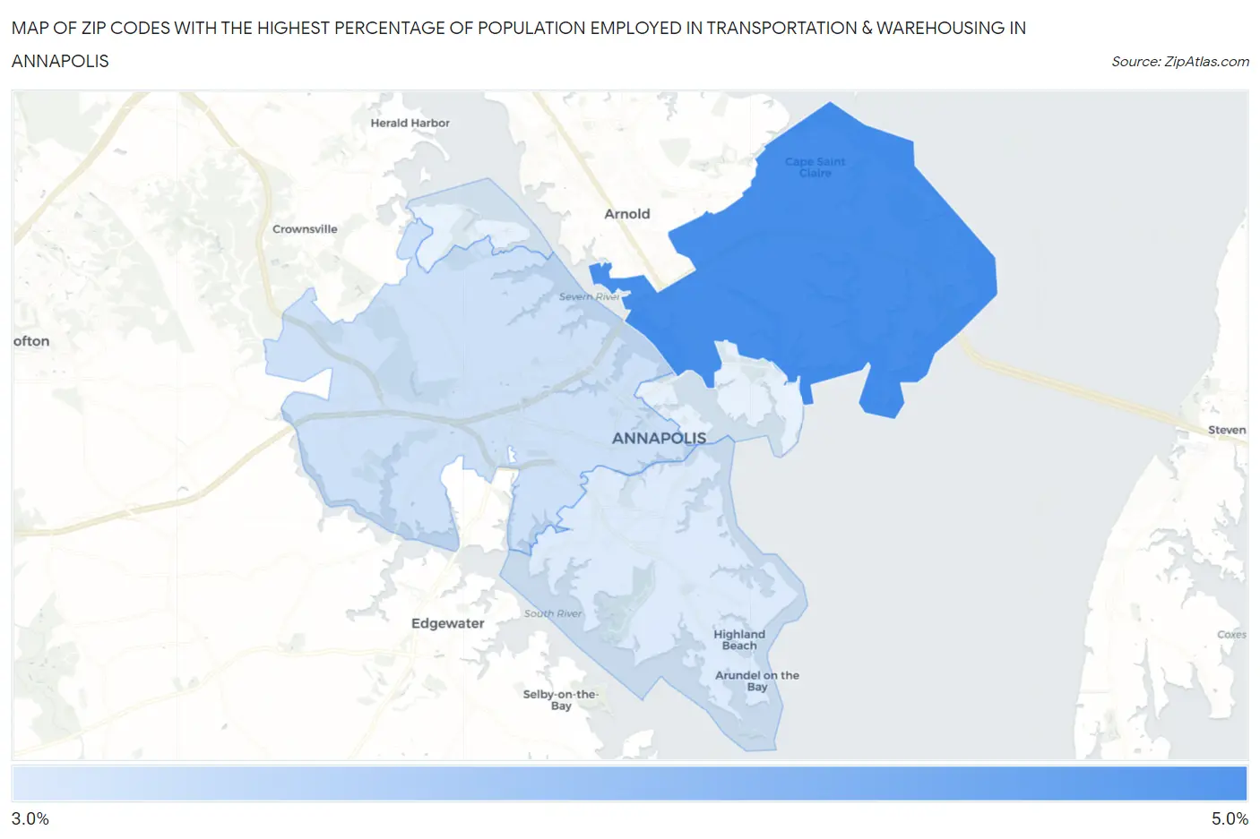 Zip Codes with the Highest Percentage of Population Employed in Transportation & Warehousing in Annapolis Map