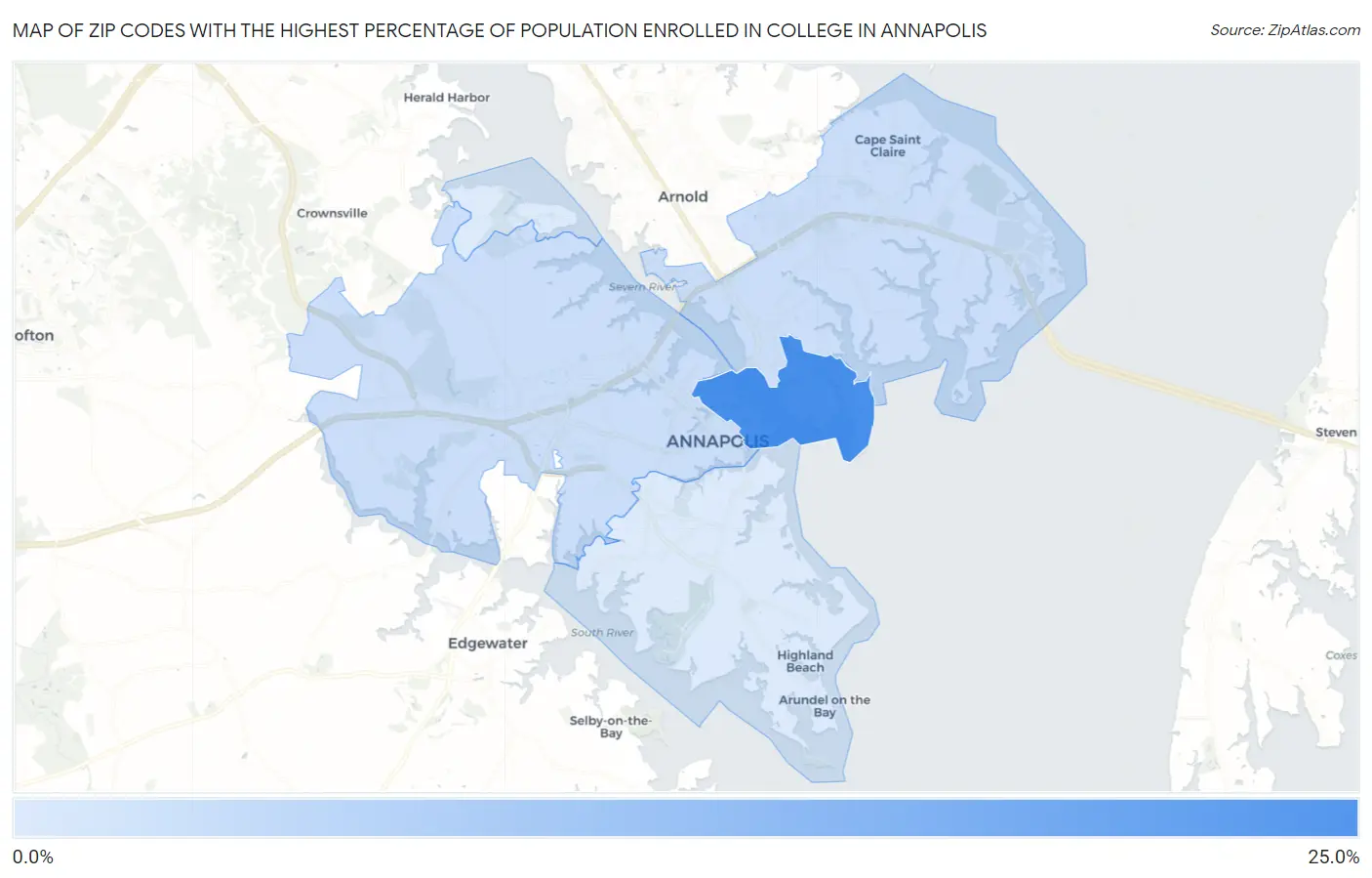 Zip Codes with the Highest Percentage of Population Enrolled in College in Annapolis Map