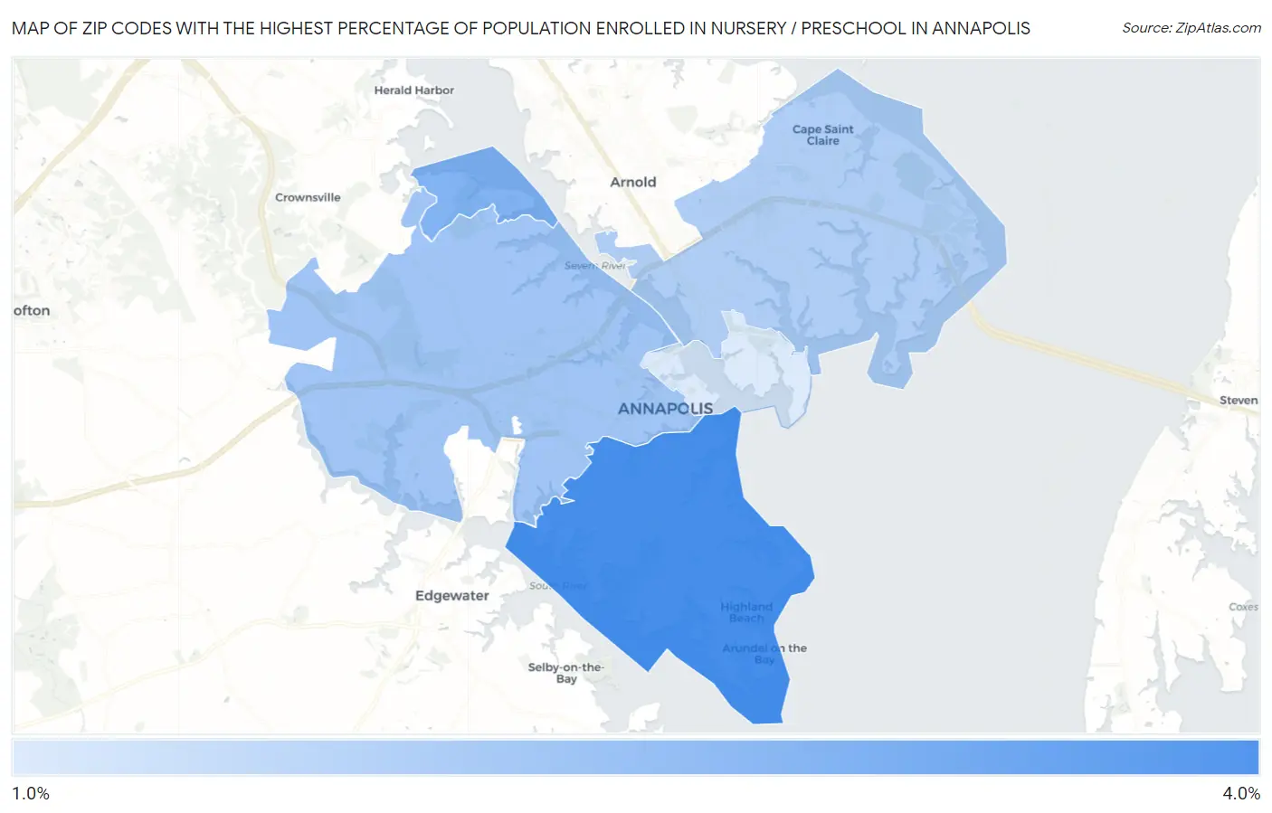 Zip Codes with the Highest Percentage of Population Enrolled in Nursery / Preschool in Annapolis Map