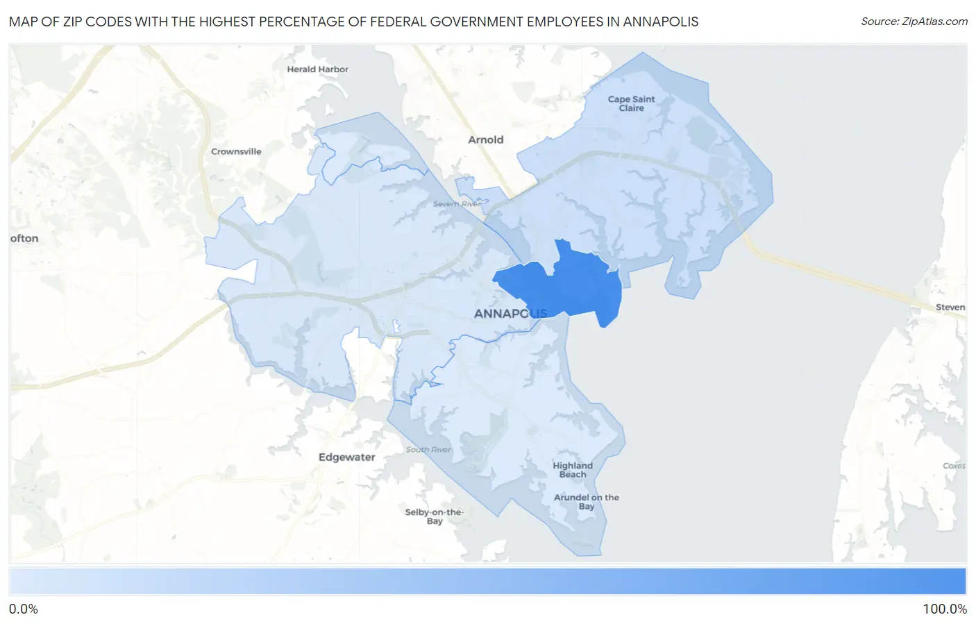 Zip Codes with the Highest Percentage of Federal Government Employees in Annapolis Map
