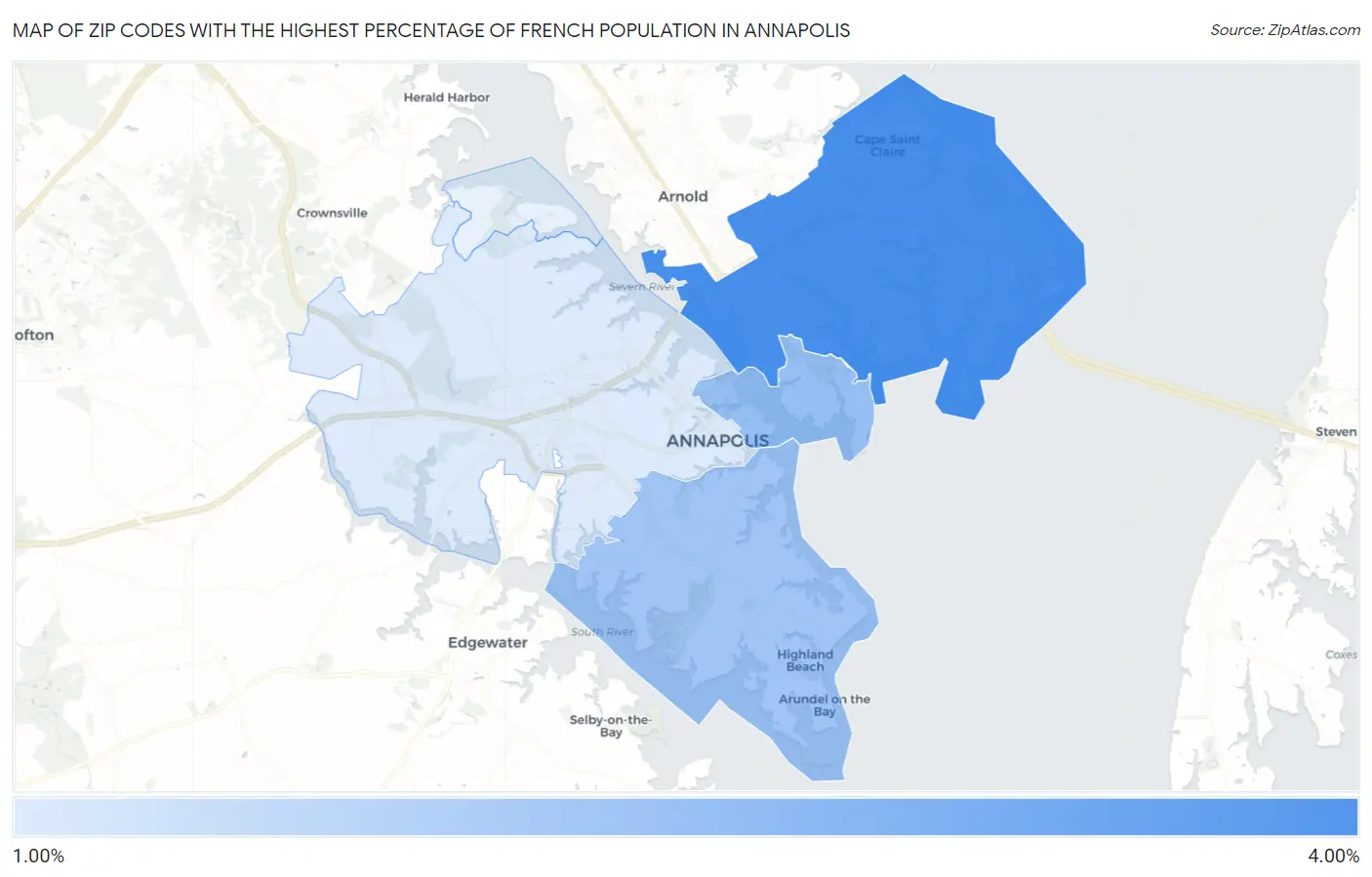 Zip Codes with the Highest Percentage of French Population in Annapolis Map
