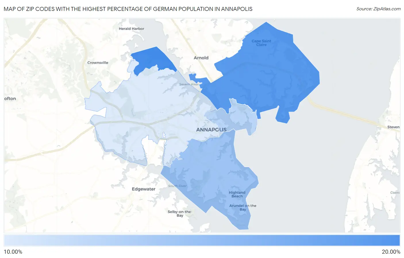 Zip Codes with the Highest Percentage of German Population in Annapolis Map